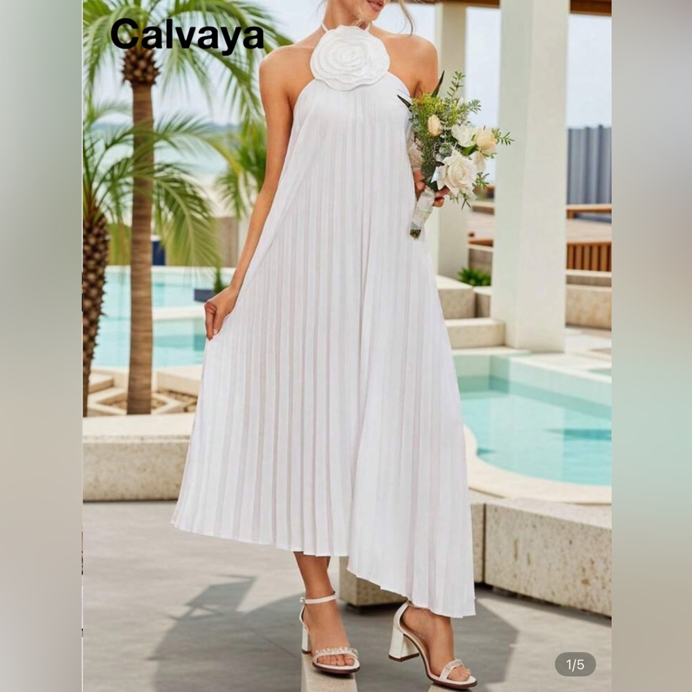 SHEIN White Asymmetrical Pleated Maxi Dress w/3D Floral Accent